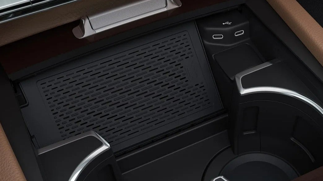 2026 Mercedes-Benz GLS interior view of the cup holders end storage